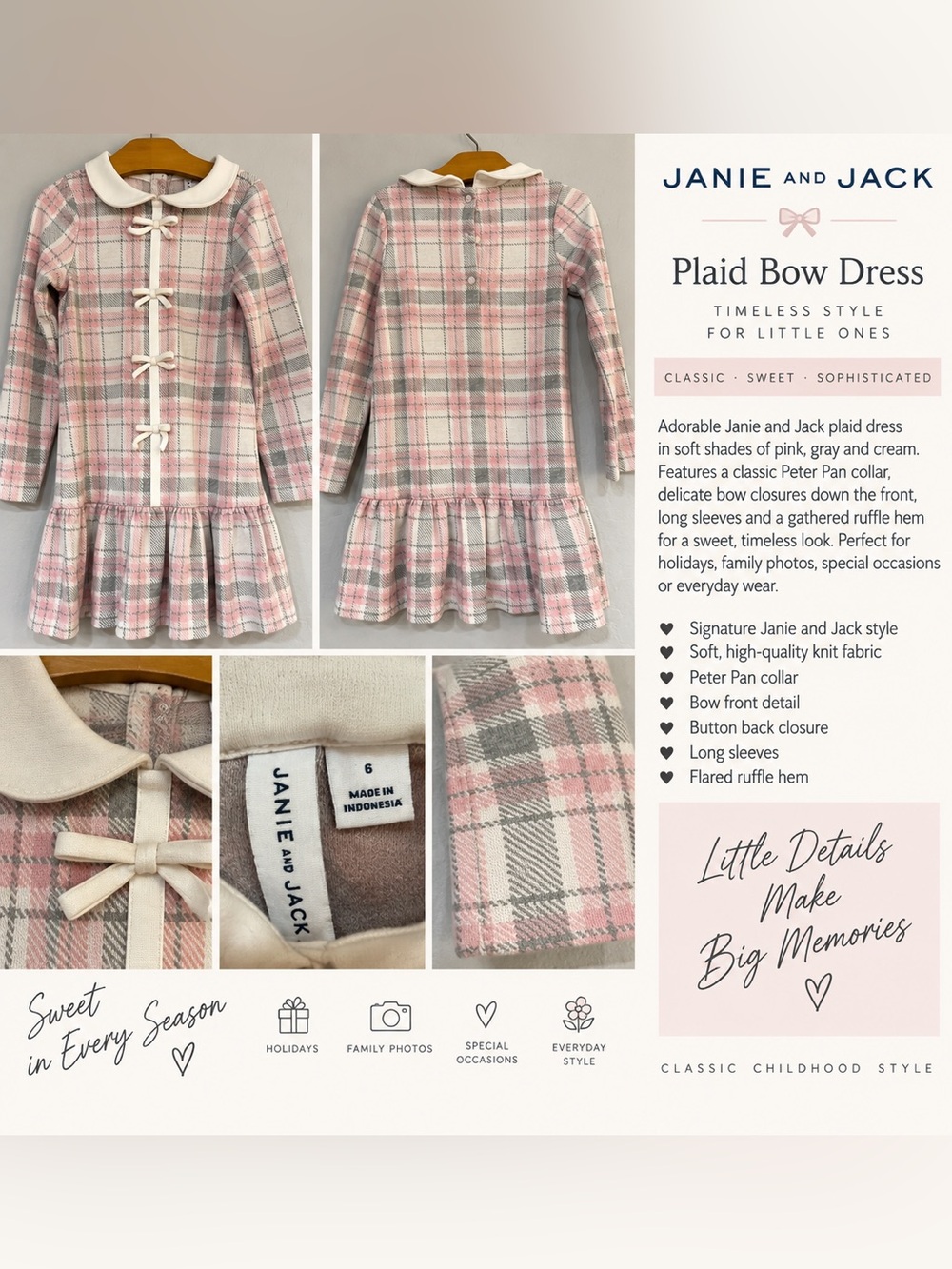 Janie and Jack Girls Pink Gray Plaid Bow Peter Pan Collar Dress Size 6
